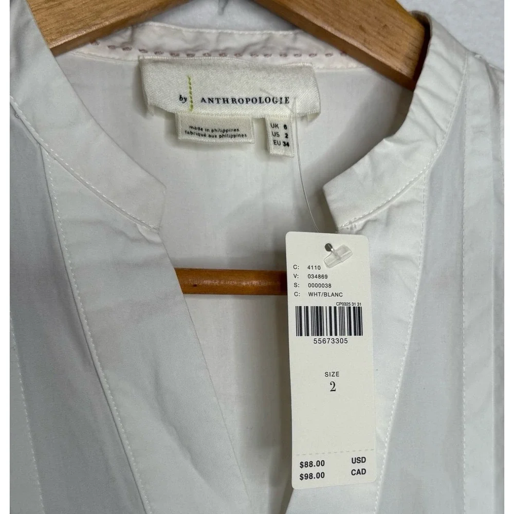 Anthropologie White Cotton Pintuck Puff Sleeve Blouse Top Size 2 Coastal NWT